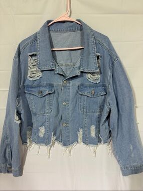 SHEIN Light Blue Distressed Cropped Denim Jacket